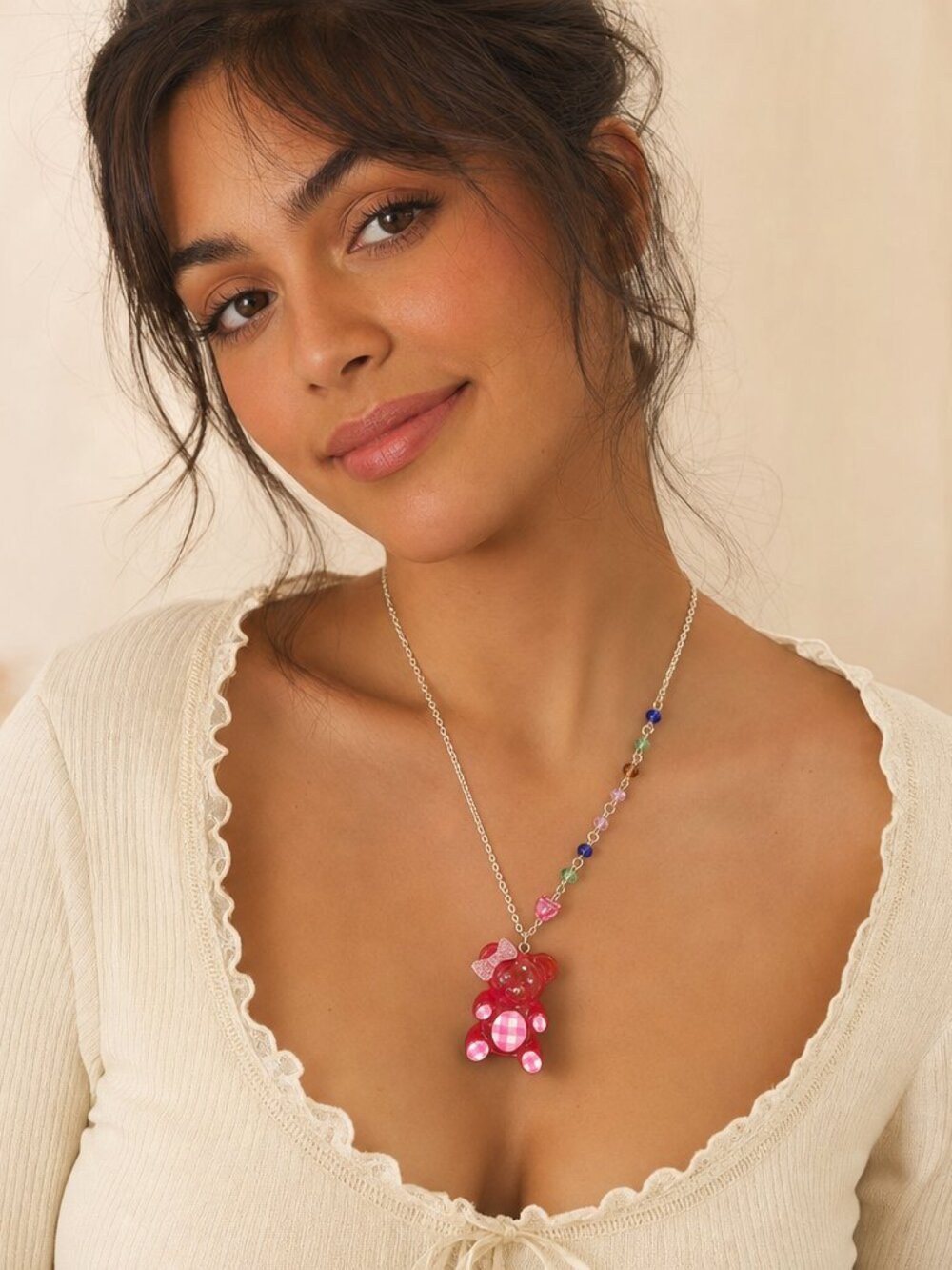 Betsey Johnson Red Bear Pendant Necklace – Multicolor Beads, Whimsical Jewelry